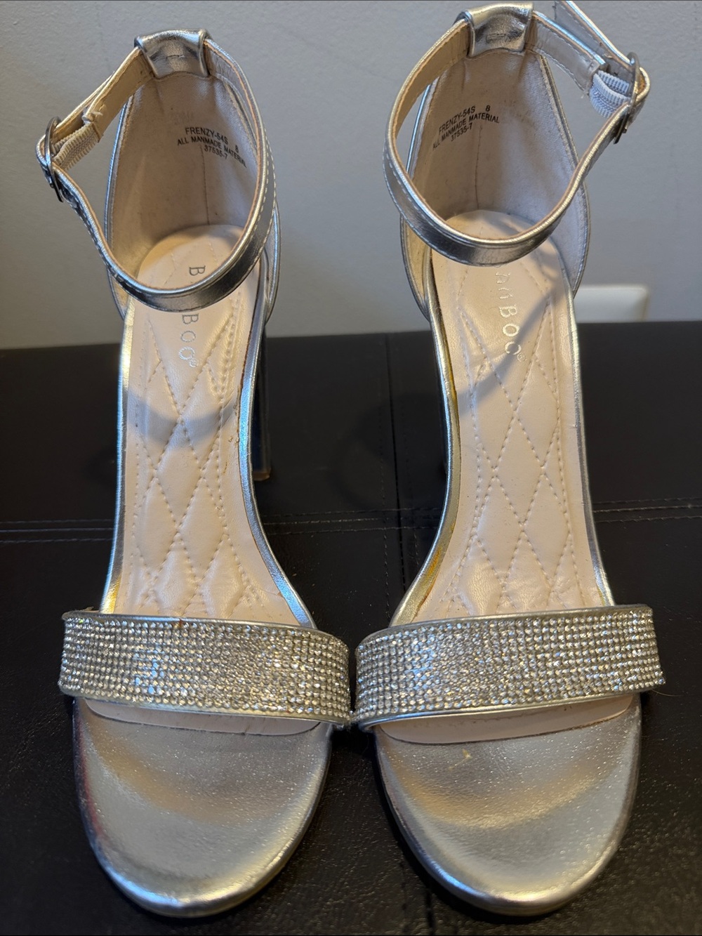 BAMBOO Silver Rhinestone Open-Toe Ankle-Strap Heels